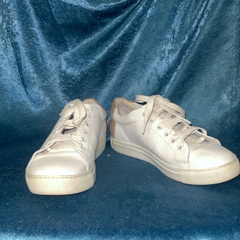 Lola Cruz White leather Sneakers w/ crystal rose gold smiley face embellishment